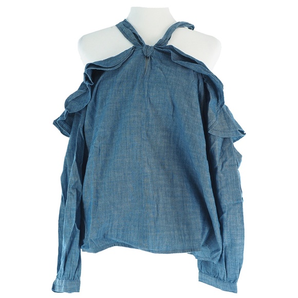 J.Crew Off-the-Shoulder Tie-Neck Top in Chambray - Picture 6 of 12